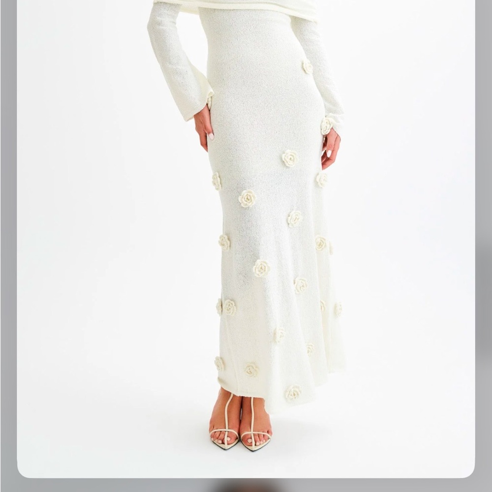 Mishka Kiki Off Shoulder Knit Rose Maxi Dress Ivory